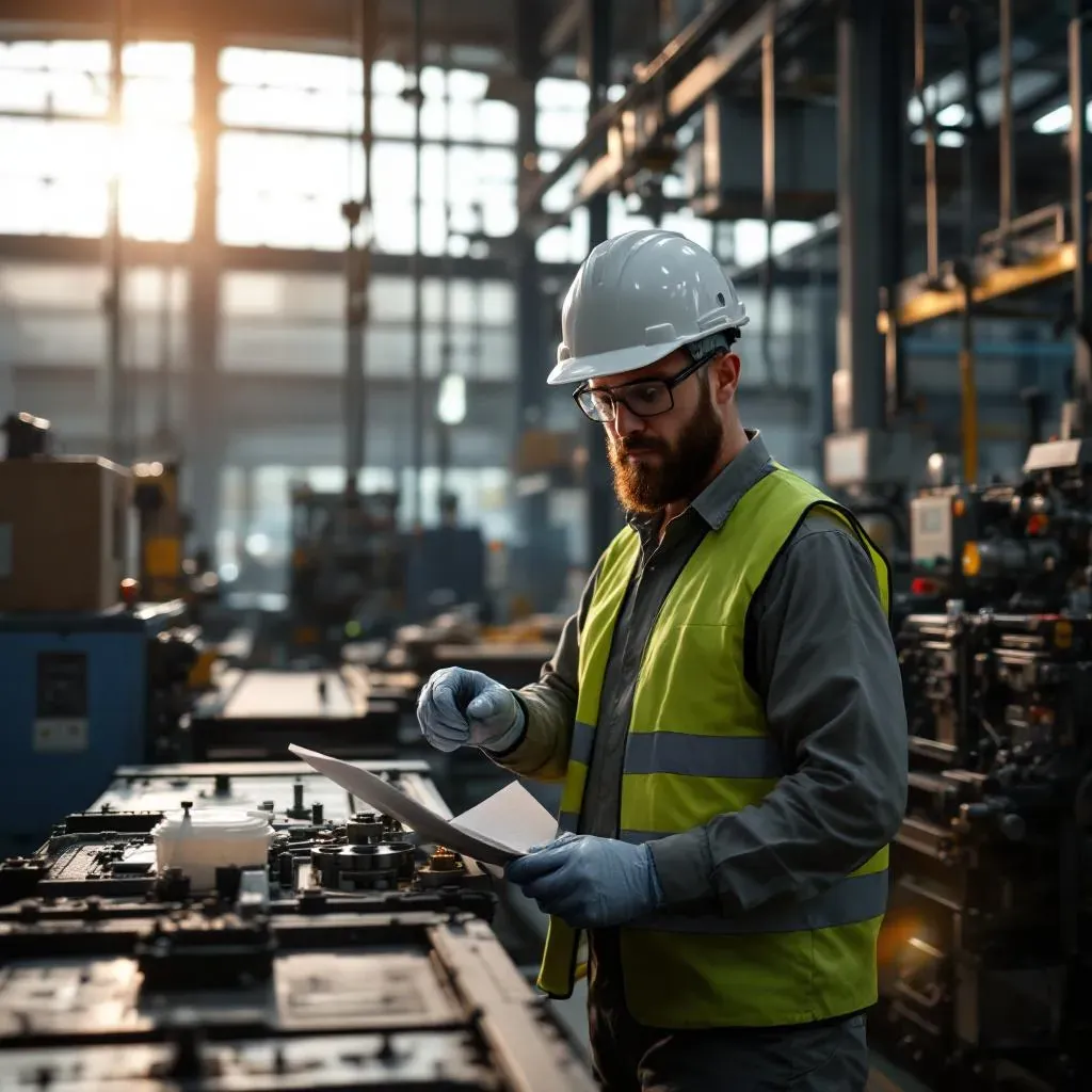 Responsable de production arrivant dans une usine mécanique au petit matin, hall industriel, ambiance tamisée