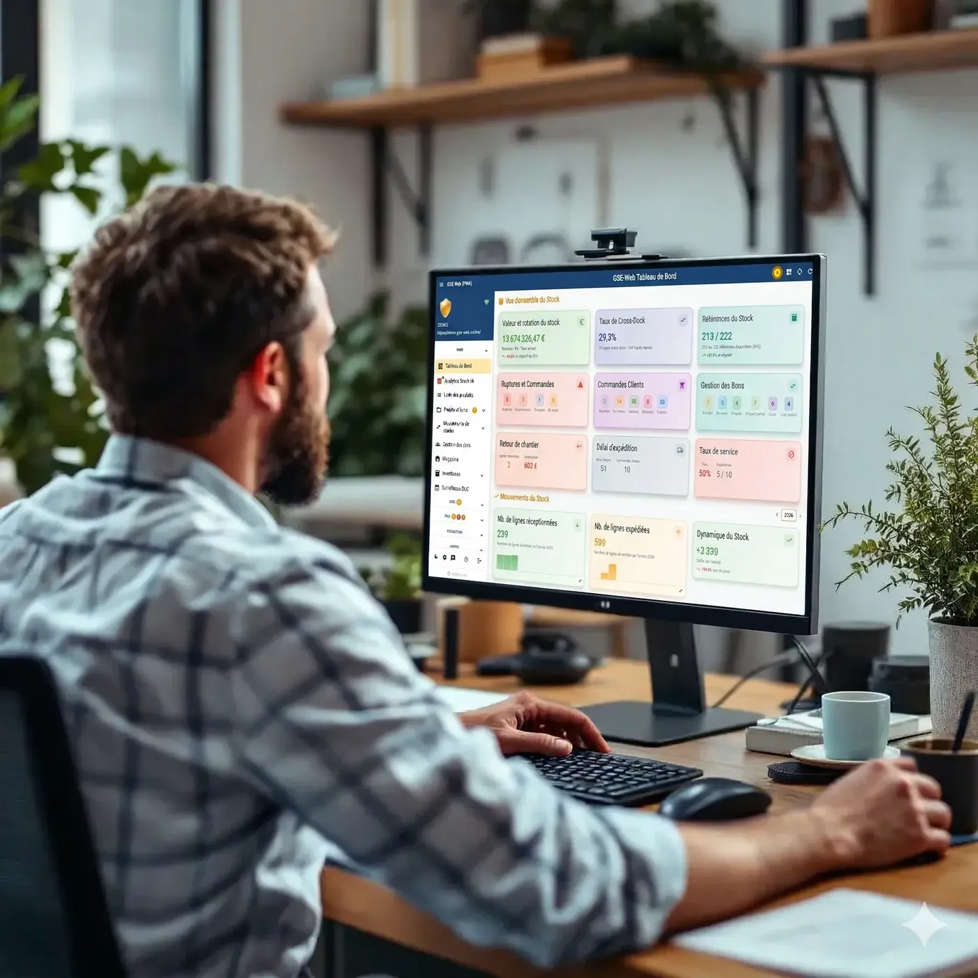 Responsable production consultant des rapports détaillés sur grand écran, graphiques clairs, fin de journée