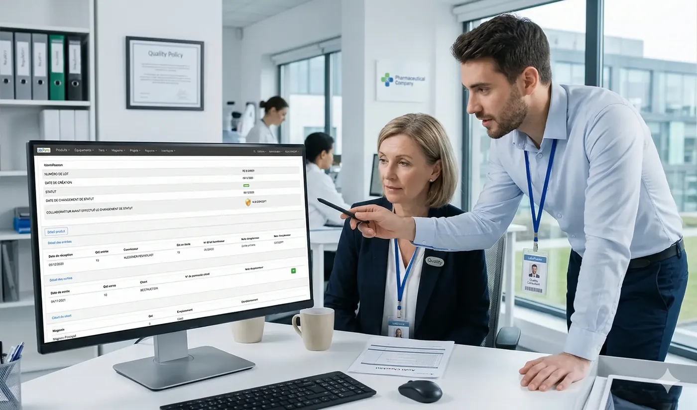 Traçabilité des lots — responsable qualité consultant l'historique sur écran