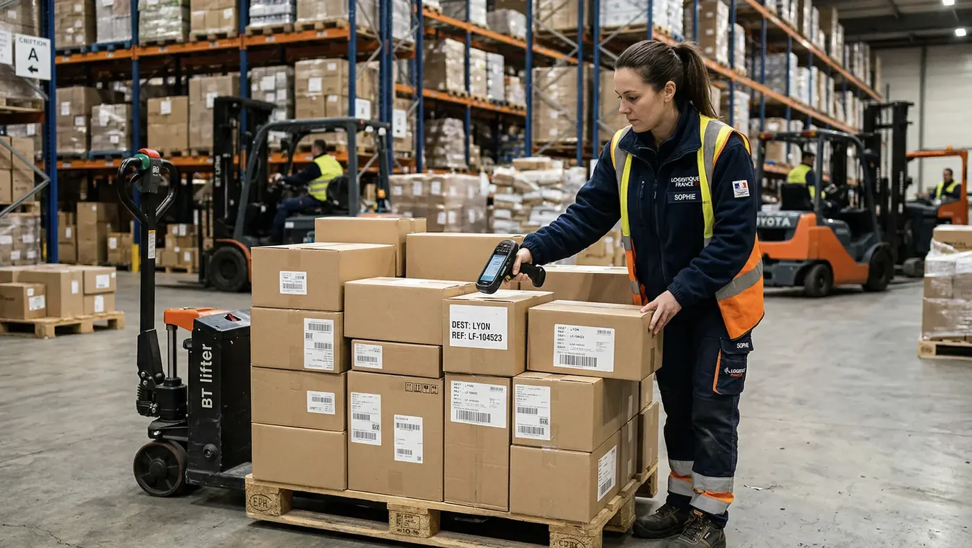 Opératrice scannant des colis sur palette pour réception en stock