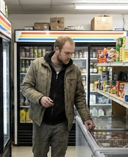 Gérant de magasin alimentaire arrivant à l'ouverture, rayons de produits frais, ambiance matinale