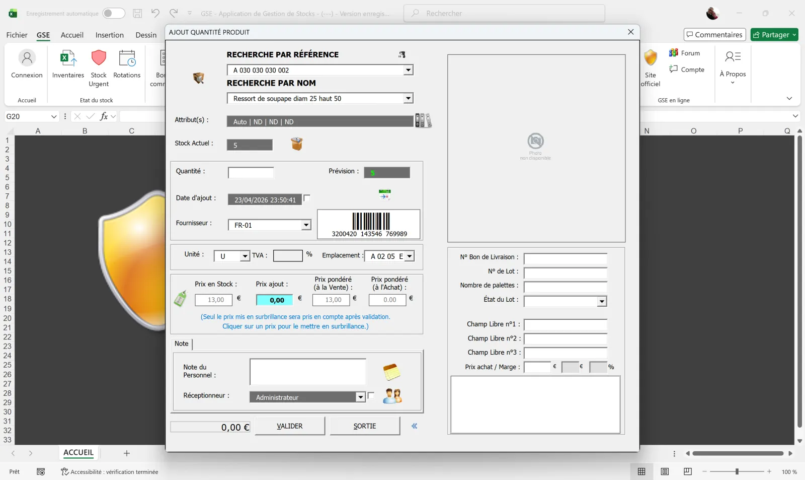 GSE sous Excel — formulaire d'ajout de stock avec quantité et date