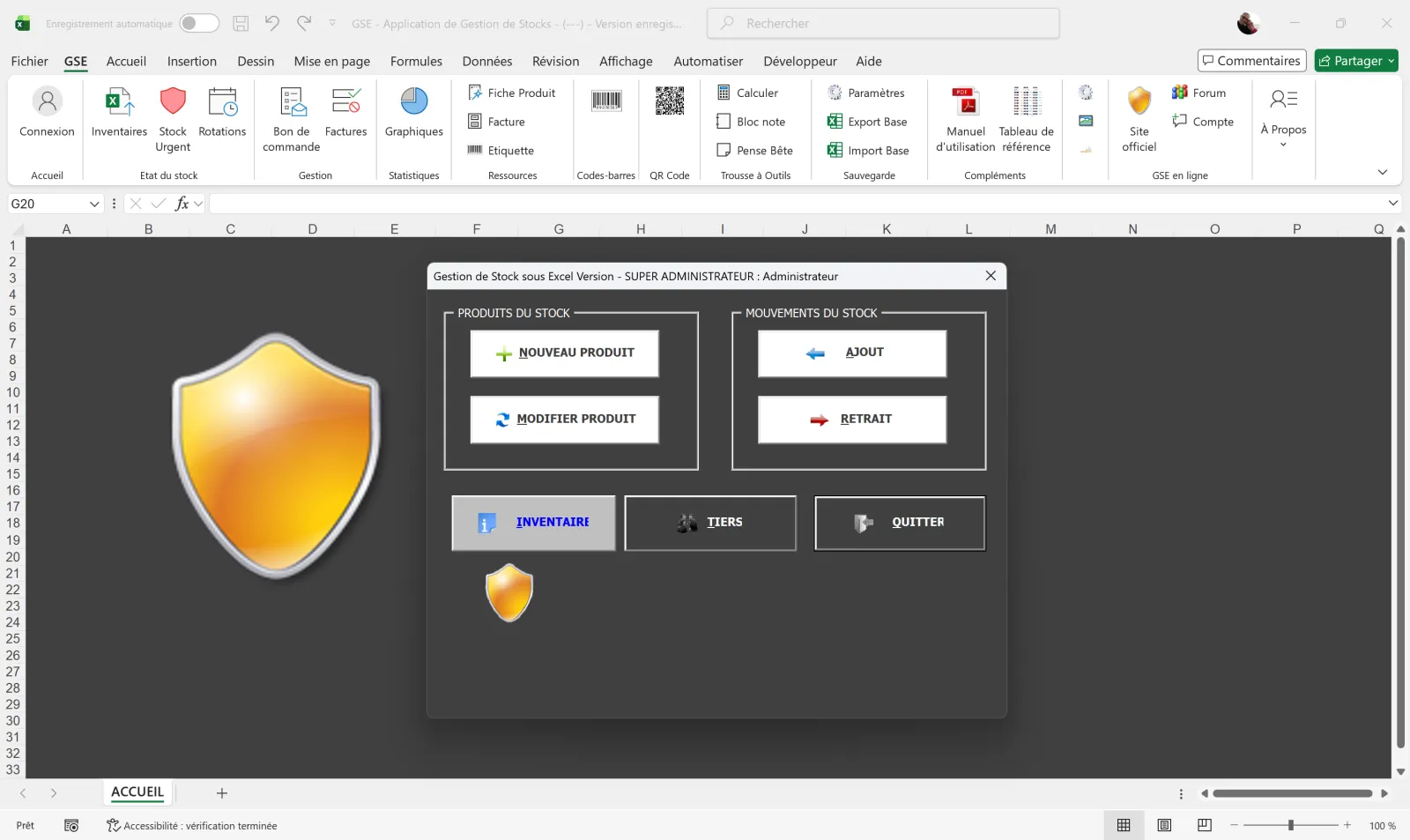 GSE sous Excel — vue d'ensemble de l'interface avec ruban et formulaire central