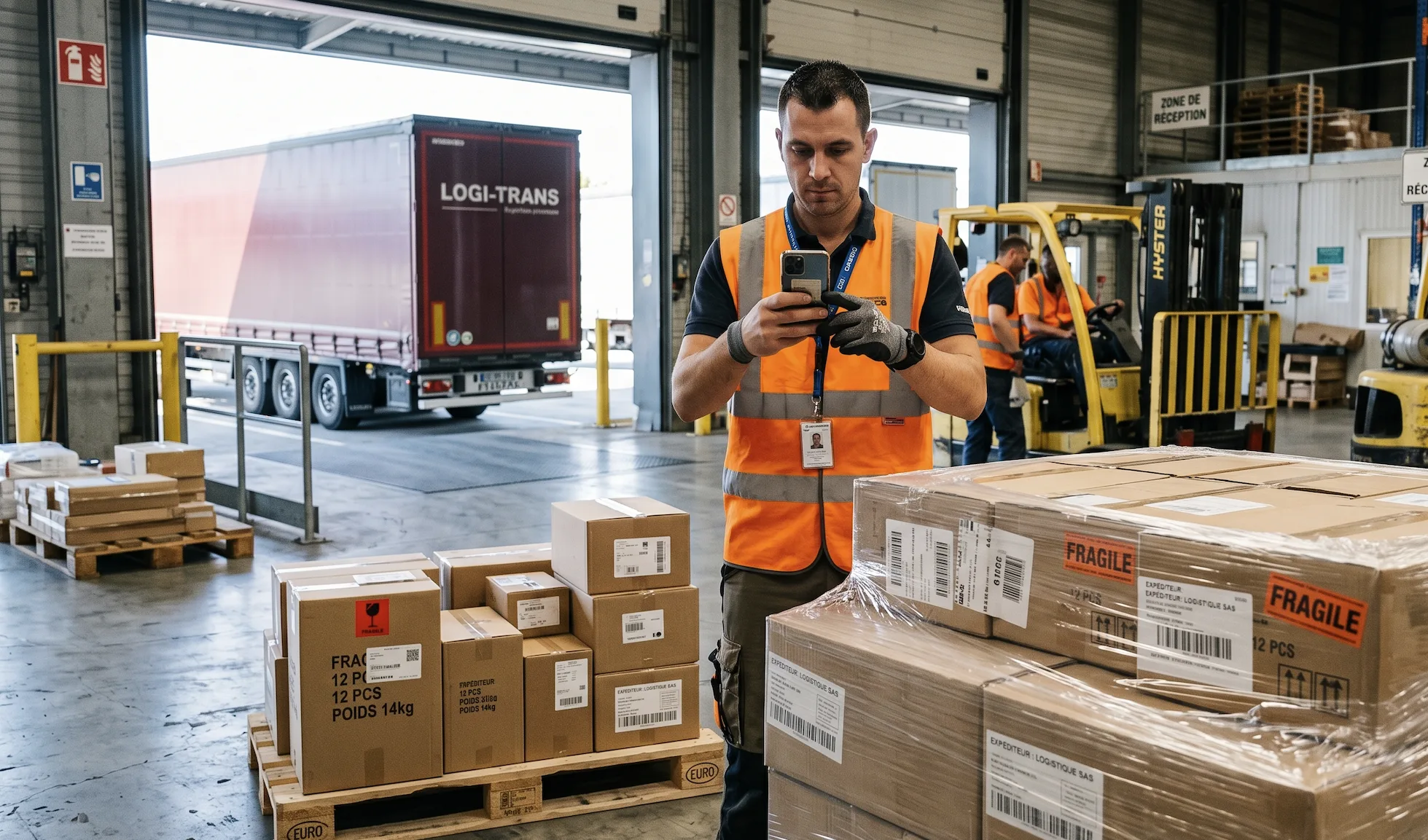 Réceptionnaire de commande prenant en photo une palette non conforme