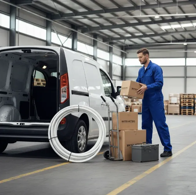 Technicien chargeant son véhicule utilitaire — caisses de pièces étiquetées