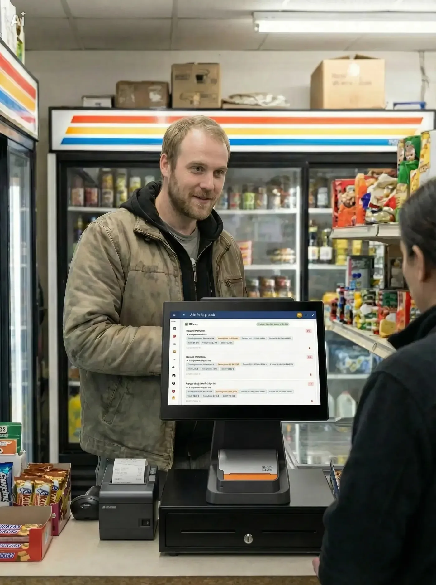 Vendeur consultant GSE-Web avec un restaurateur, comptoir de magasin alimentaire, produits frais en arrière-plan